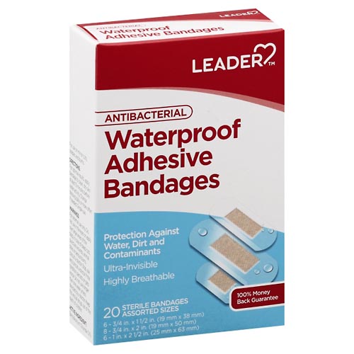 Image for Leader Adhesive Bandages, Antibacterial, Waterproof, Assorted Sizes,20ea from Gloyer's Pharmacy