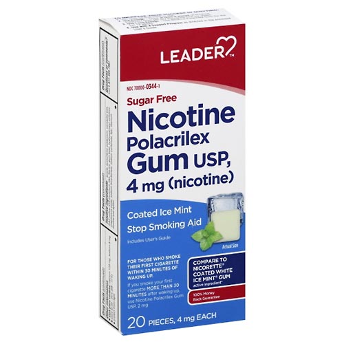 Image for Leader Nicotine Polacrilex Gum, 4 mg, Coated Ice Mint,20ea from Gloyer's Pharmacy