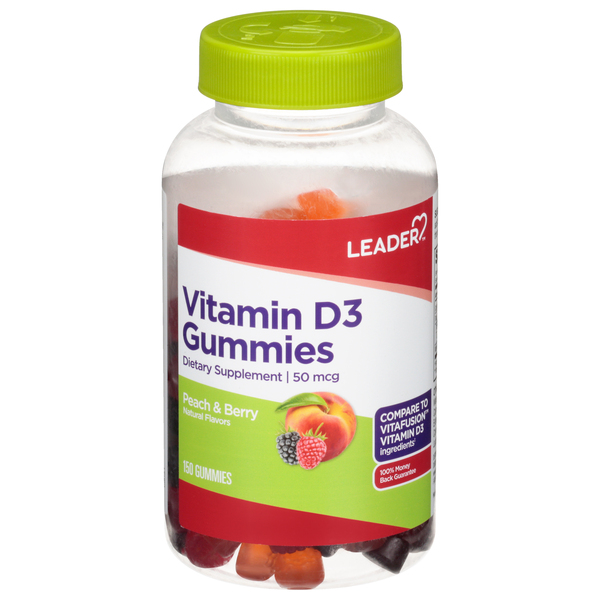 Image for Leader Vitamin D3 Gummies, 50 mcg, Peach & Berry,150ea from Gloyer's Pharmacy